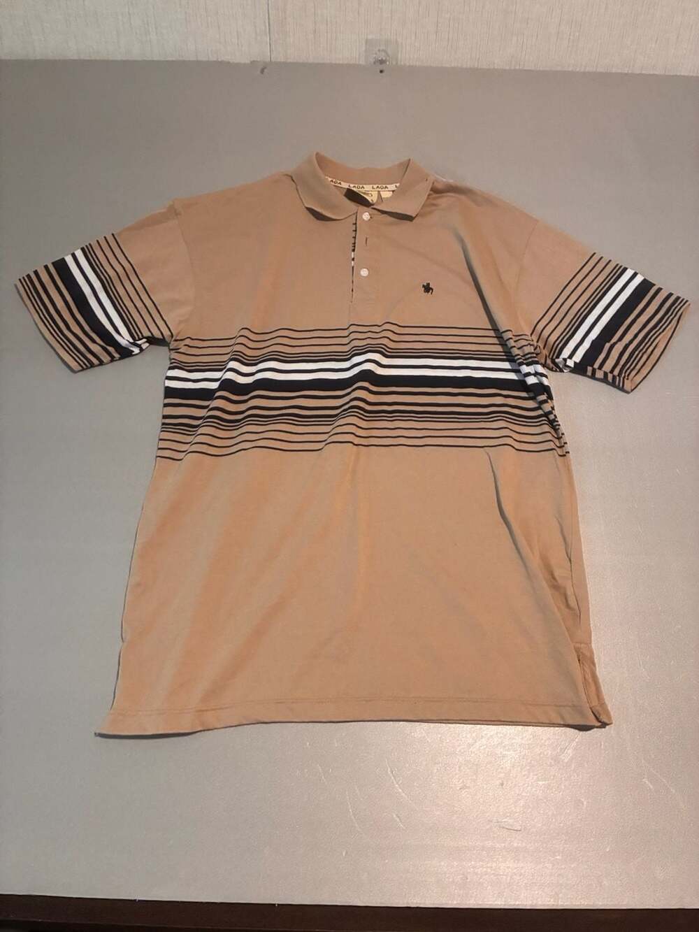 Lada Polo Shirt Size XL Beige Striped Short Sleeve